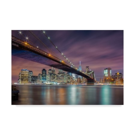 Michael Zheng 'Brooklyn Bridge At Night' Canvas Art,16x24